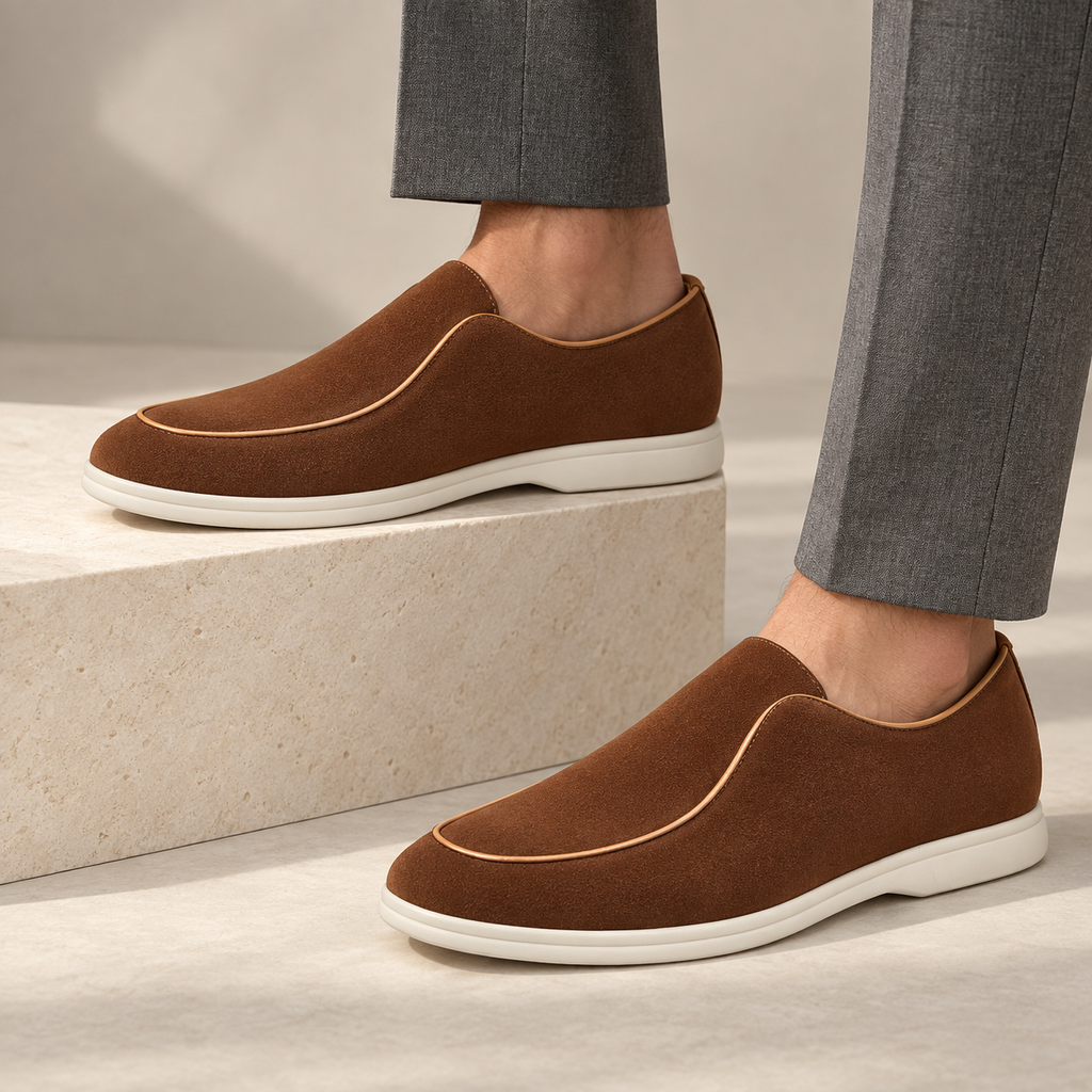 Amadeo Suede Driving Loafers — brown — worn