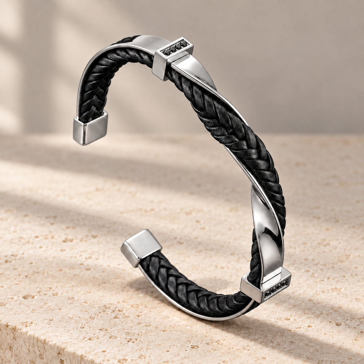 Veyron Braided Cuff Bracelet — black and silver