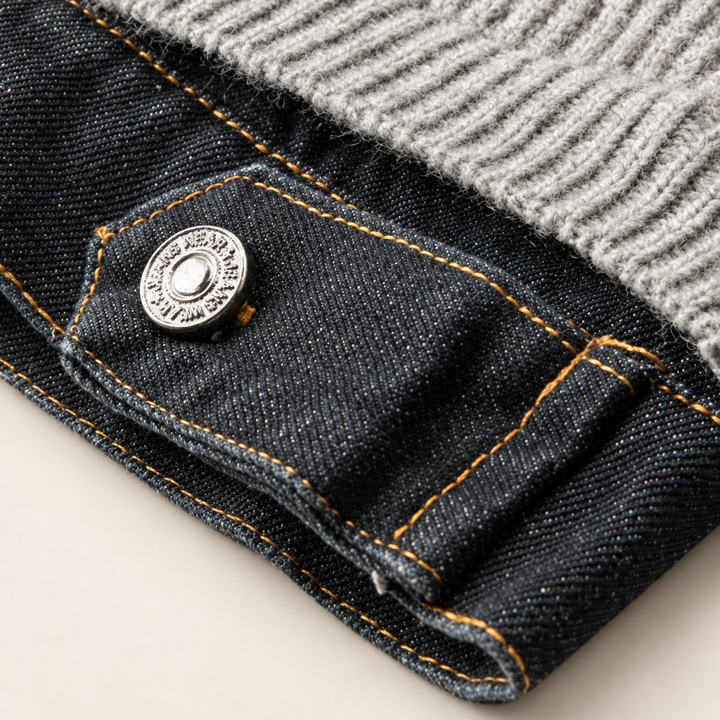 Arthur Wool Jacket — Slate Grey denim hem and metal button detail