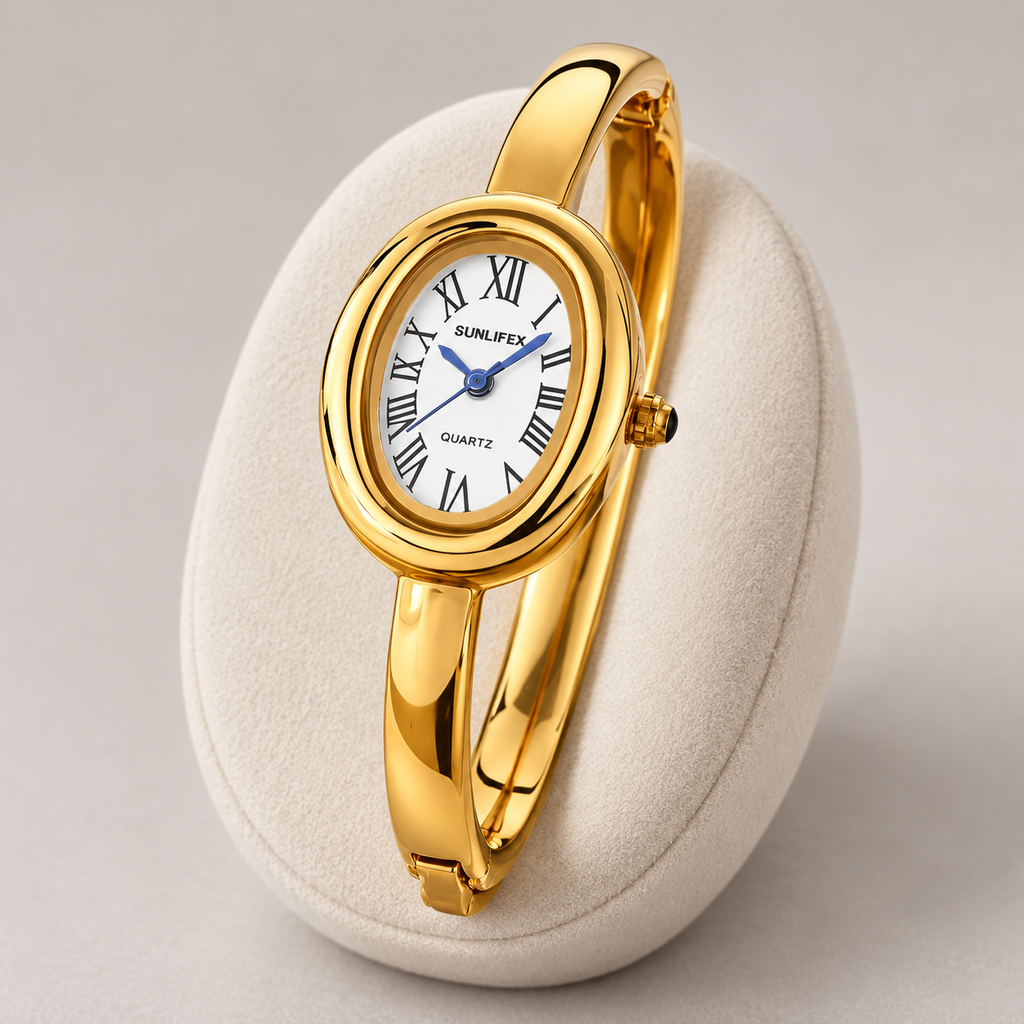 Aurelia Bracelet Watch in Gold, oval Roman-numeral dial and polished bangle