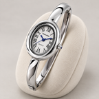 Aurelia Bracelet Watch in Silver, oval Roman-numeral dial and polished bangle