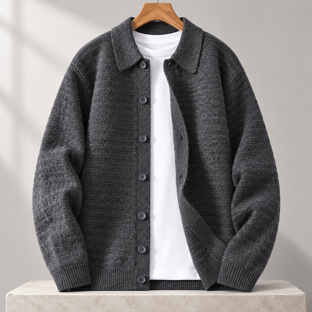 Cesare Waffle-Knit Cardigan in Ash Grey on a wooden hanger
