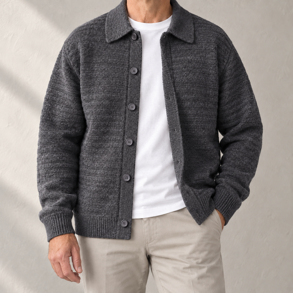 Cesare Waffle-Knit Cardigan in Ash Grey worn open over a white tee
