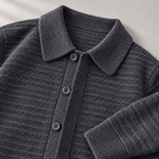 Cesare Waffle-Knit Cardigan Ash Grey collar and button detail