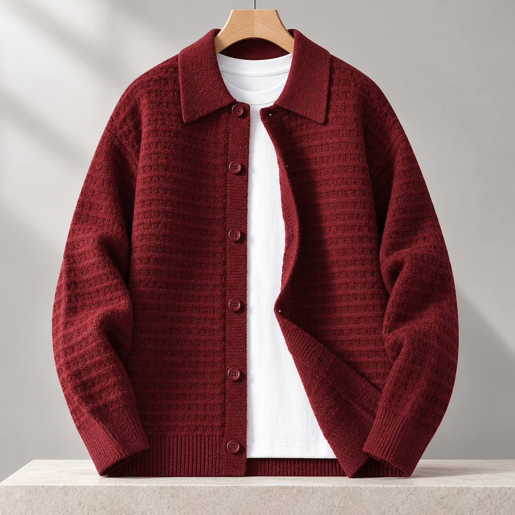 Cesare Waffle-Knit Cardigan in Brick Red on a wooden hanger