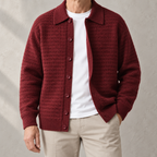 Cesare Waffle-Knit Cardigan in Brick Red worn open over a white tee