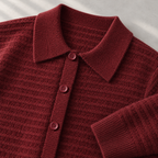 Cesare Waffle-Knit Cardigan Brick Red collar and button detail