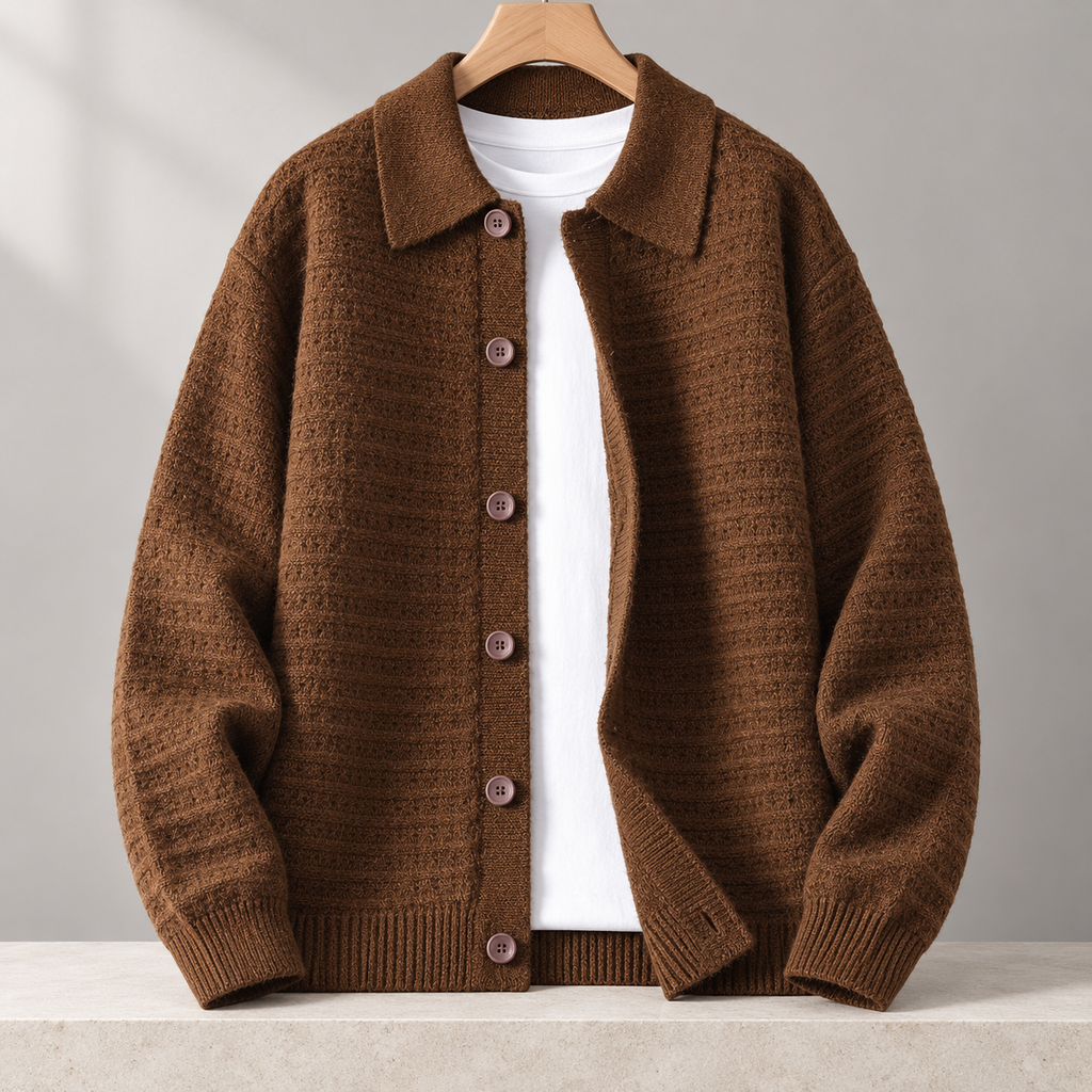 Cesare Waffle-Knit Cardigan in Chestnut Brown on a wooden hanger