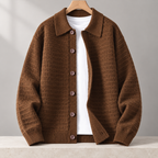 Cesare Waffle-Knit Cardigan in Chestnut Brown on a wooden hanger