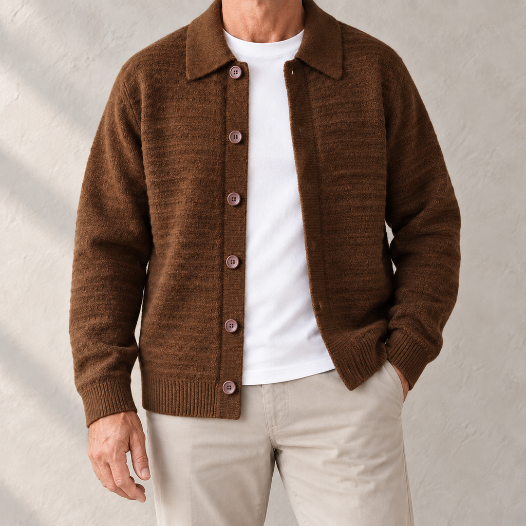 Cesare Waffle-Knit Cardigan in Chestnut Brown worn open over a white tee