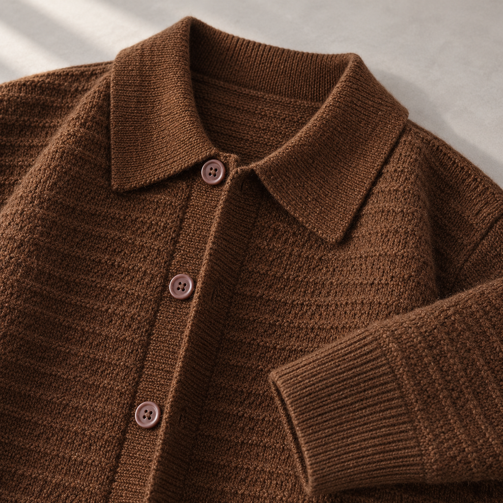Cesare Waffle-Knit Cardigan Chestnut Brown collar and button detail