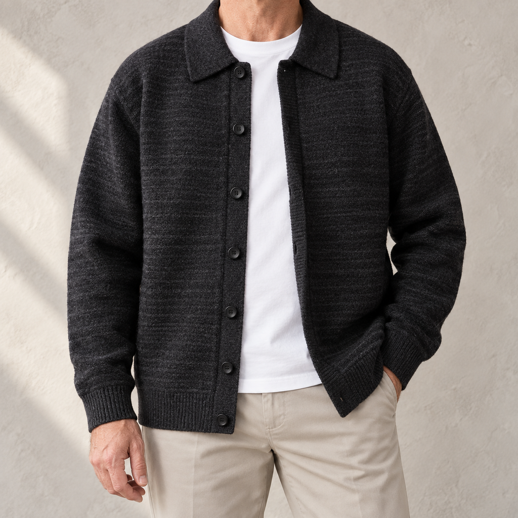 Cesare Waffle-Knit Cardigan in Onyx Black worn open over a white tee