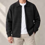 Cesare Waffle-Knit Cardigan in Onyx Black worn open over a white tee