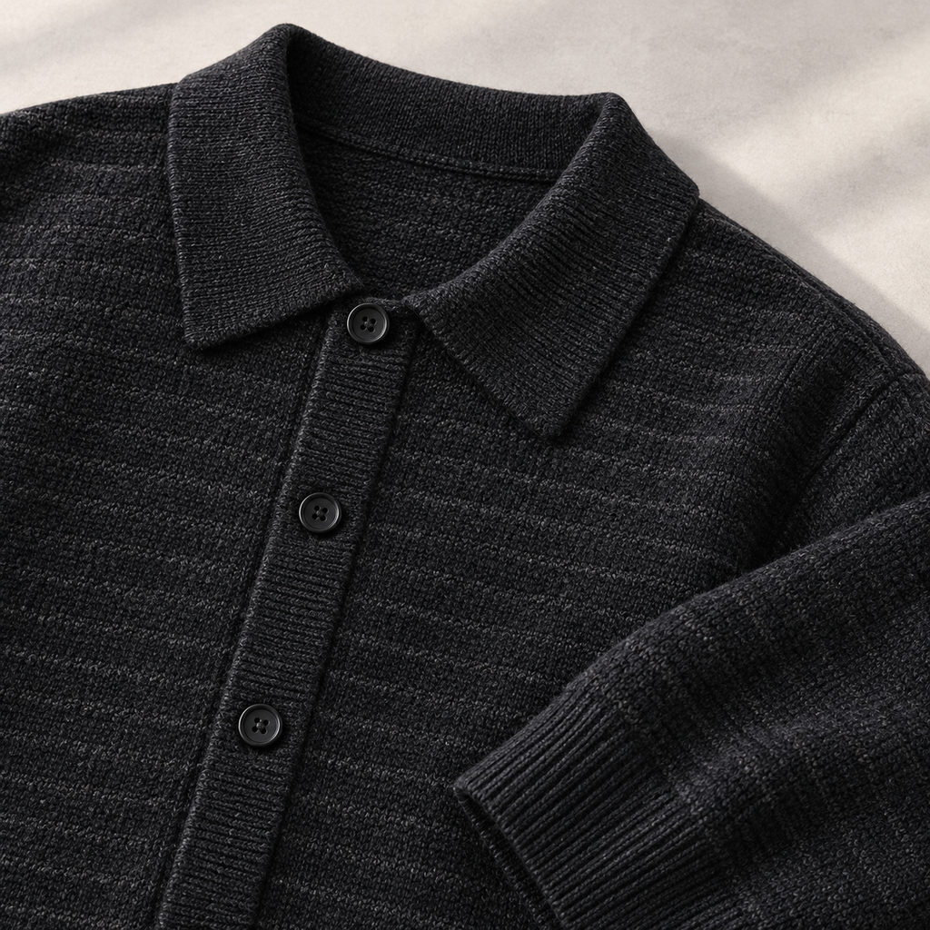 Cesare Waffle-Knit Cardigan Onyx Black collar and button detail