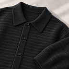 Cesare Waffle-Knit Cardigan Onyx Black collar and button detail