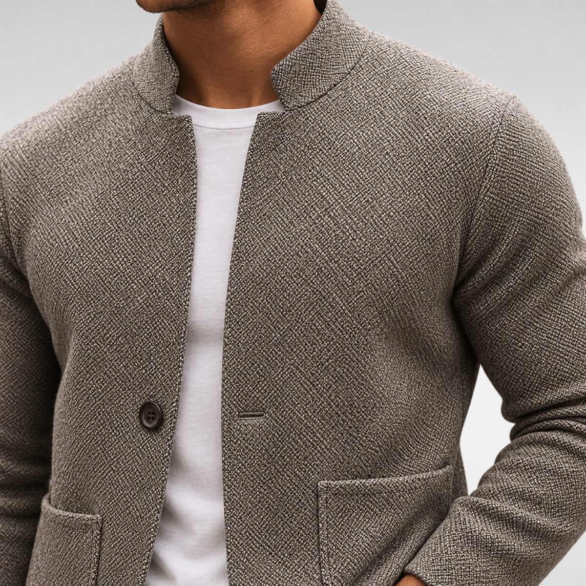 Dorian Mandarin Collar Knit Overshirt — fabric detail