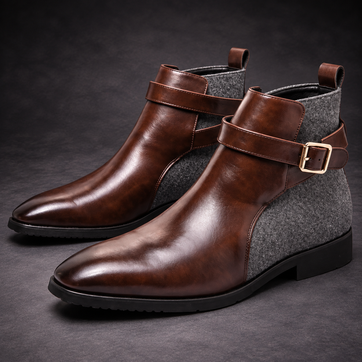 Emmett Buckle Ankle Boots — Brown studio pair