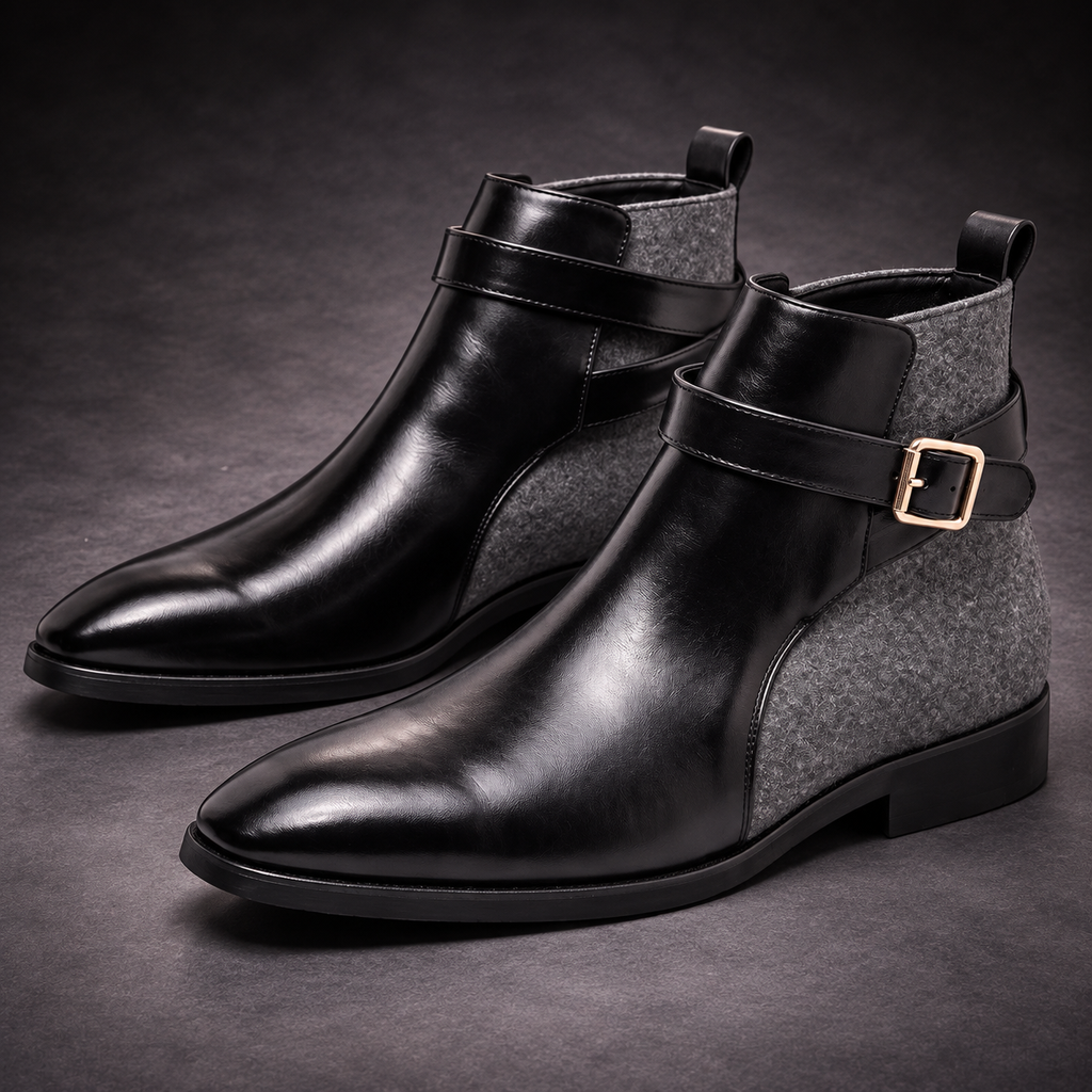 Emmett Buckle Ankle Boots — Black studio pair