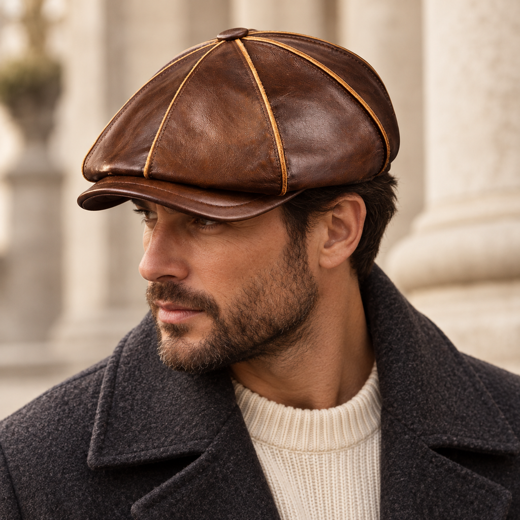 Gianni Light Brown leather cap worn with a charcoal coat