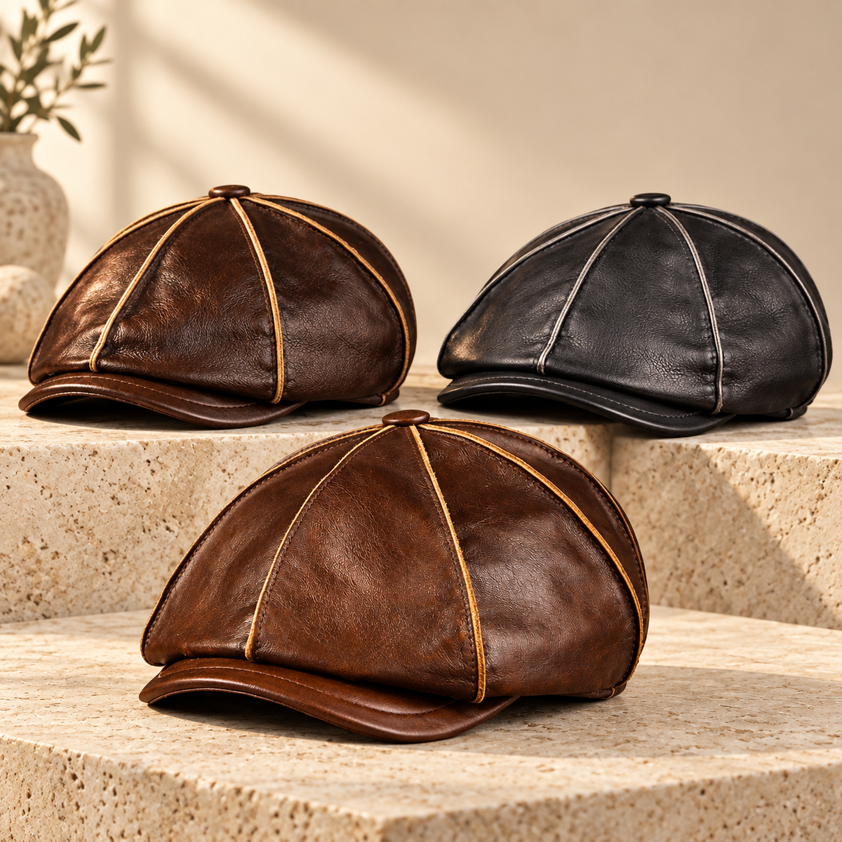 Gianni leather caps in Light Brown, Dark Brown and Black