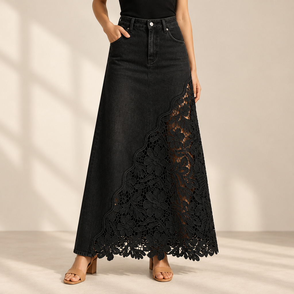 Lucia Lace Skirt in Black, full-length studio view of denim and floral lace panel