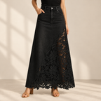 Lucia Lace Skirt in Black, full-length studio view of denim and floral lace panel