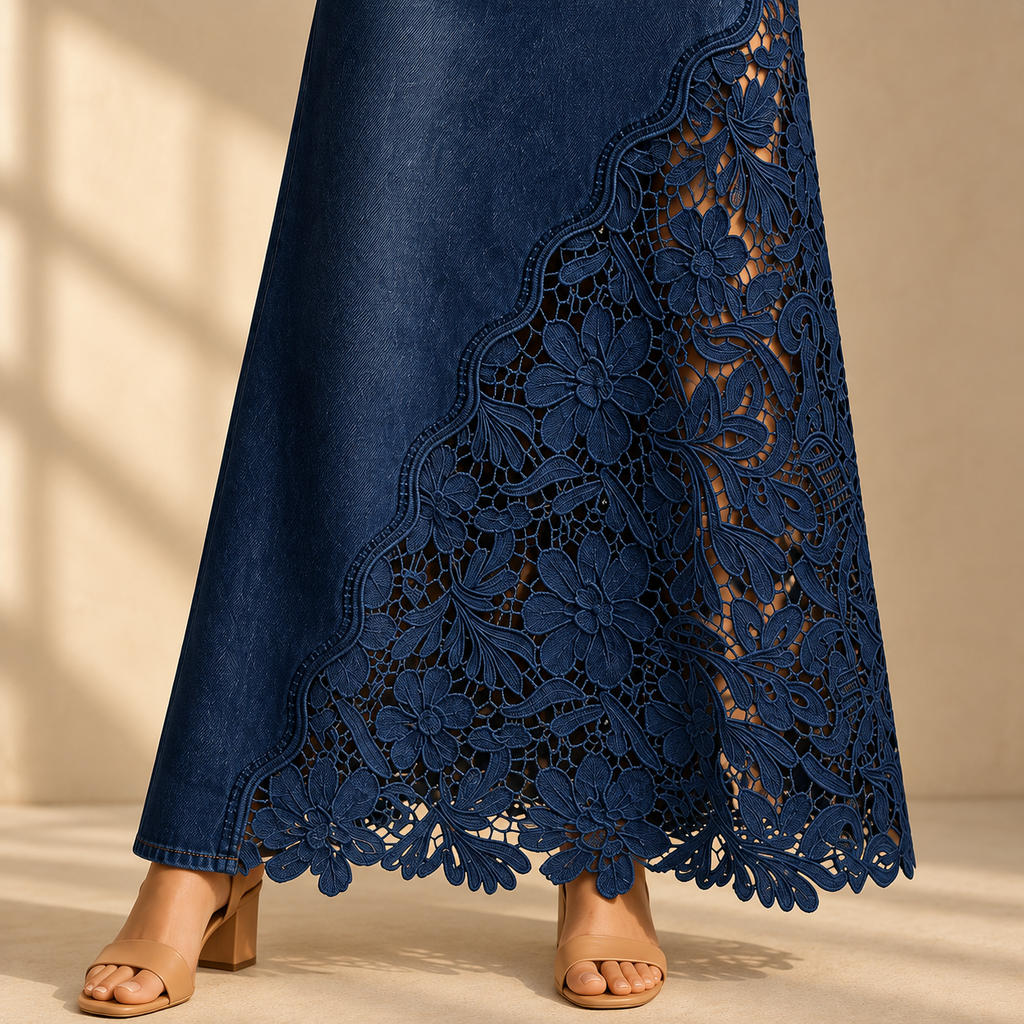 Lucia Lace Skirt in Navy, close-up of denim, scalloped seam and floral lace hem