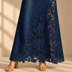 Lucia Lace Skirt in Navy, close-up of denim, scalloped seam and floral lace hem