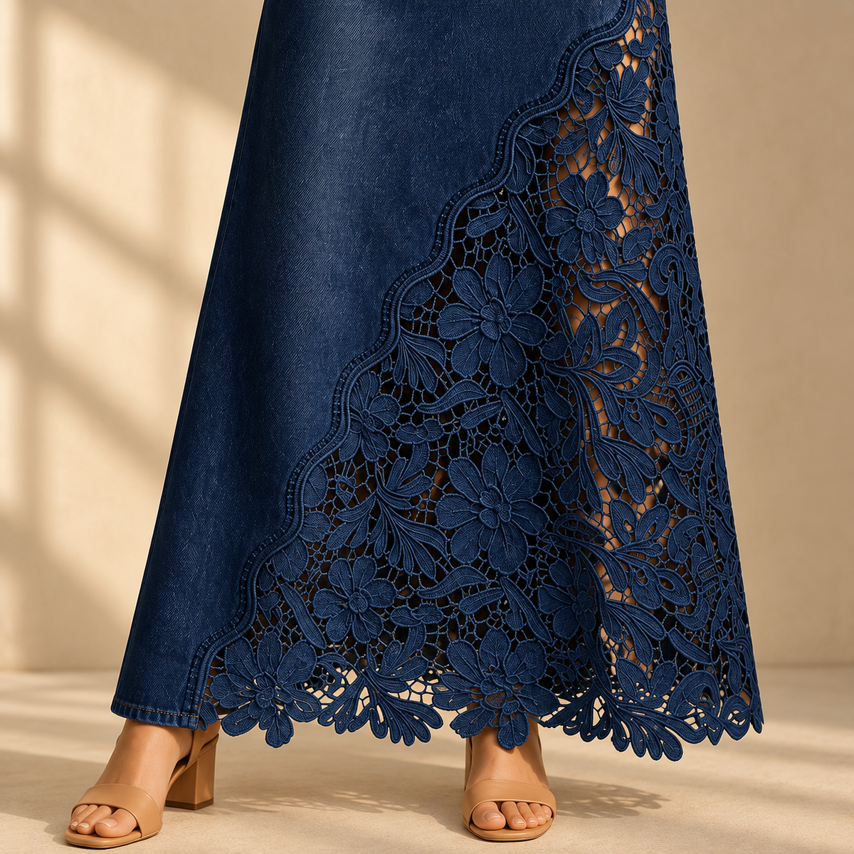 Lucia Lace Skirt in Navy, close-up of denim, scalloped seam and floral lace hem