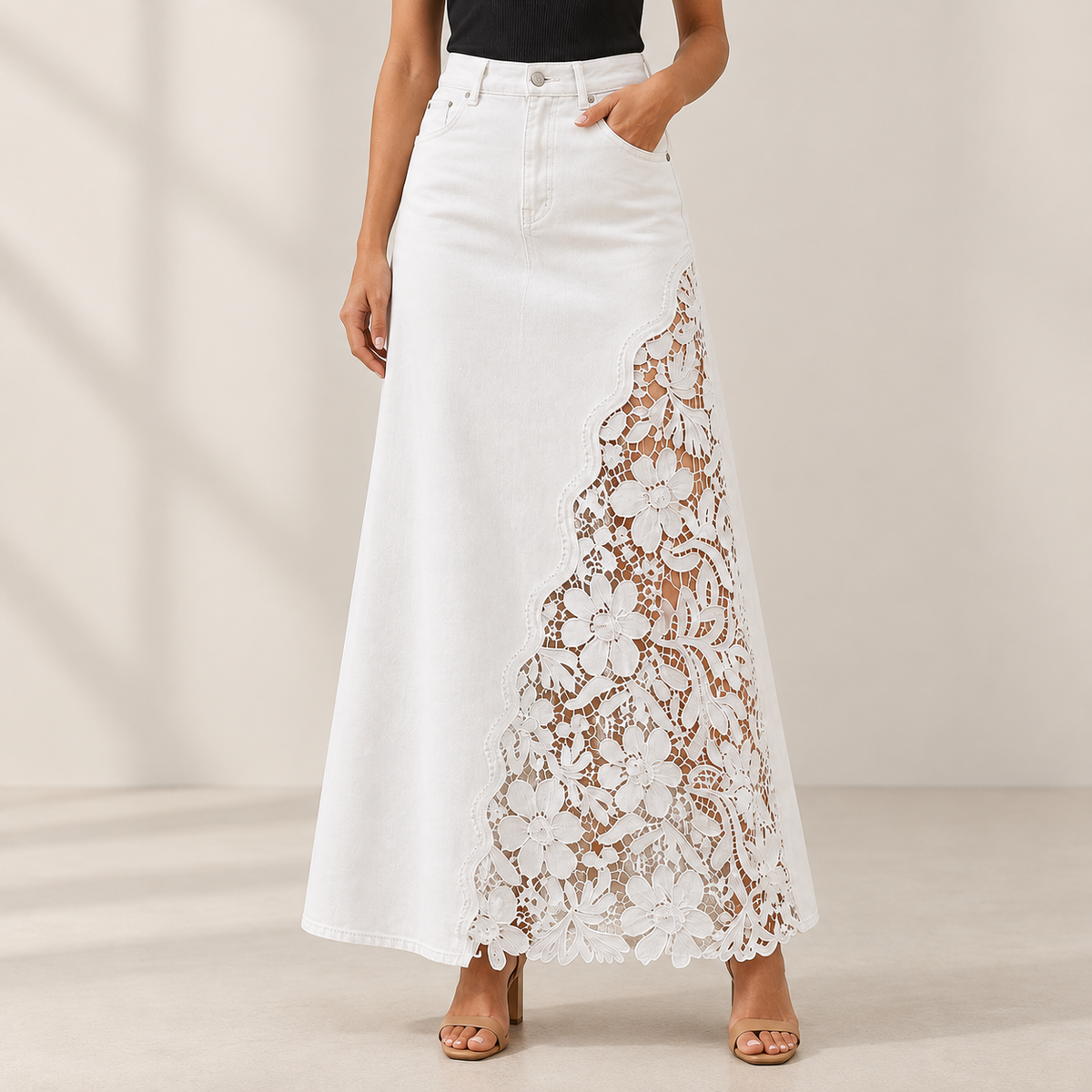 Lucia Lace Skirt in White, full-length studio view of denim and floral lace panel