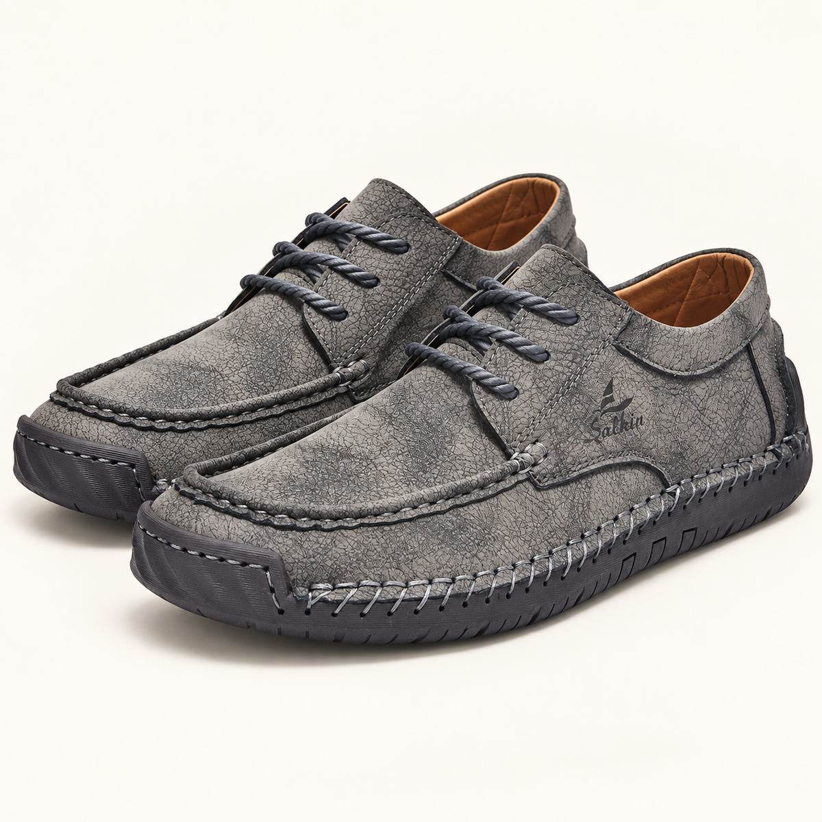 Marlowe lace-up driving shoes — Gray — Gray hero — original Salkin branding