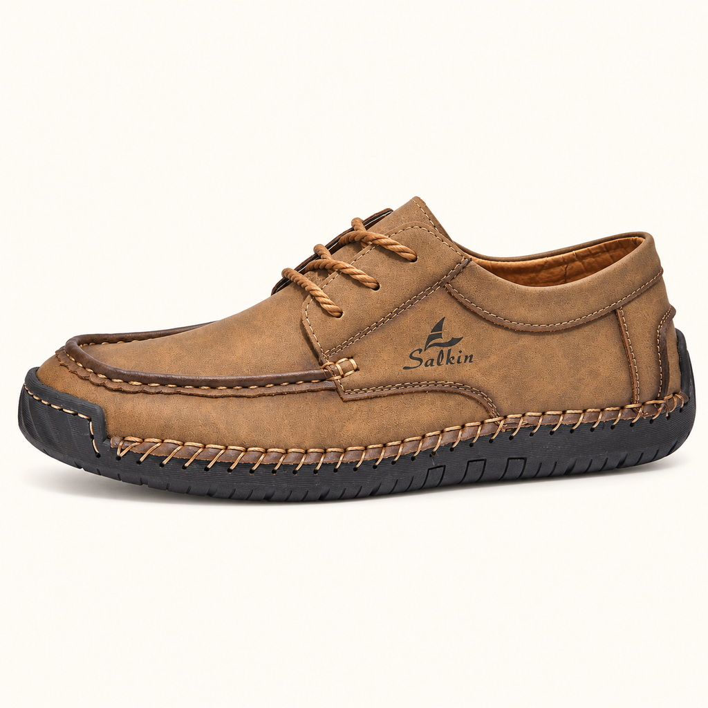 Marlowe lace-up driving shoes — Brown — Brown side profile — original Salkin branding