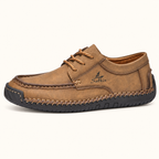 Marlowe lace-up driving shoes — Brown — Brown side profile — original Salkin branding