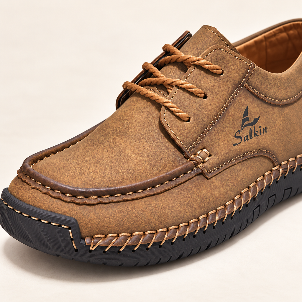 Marlowe lace-up driving shoes — Brown — Brown moc-toe detail — original Salkin branding