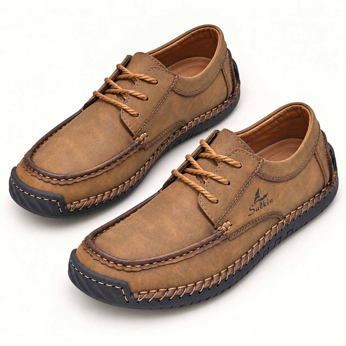 Marlowe lace-up driving shoes — Brown — Brown top view — original Salkin branding