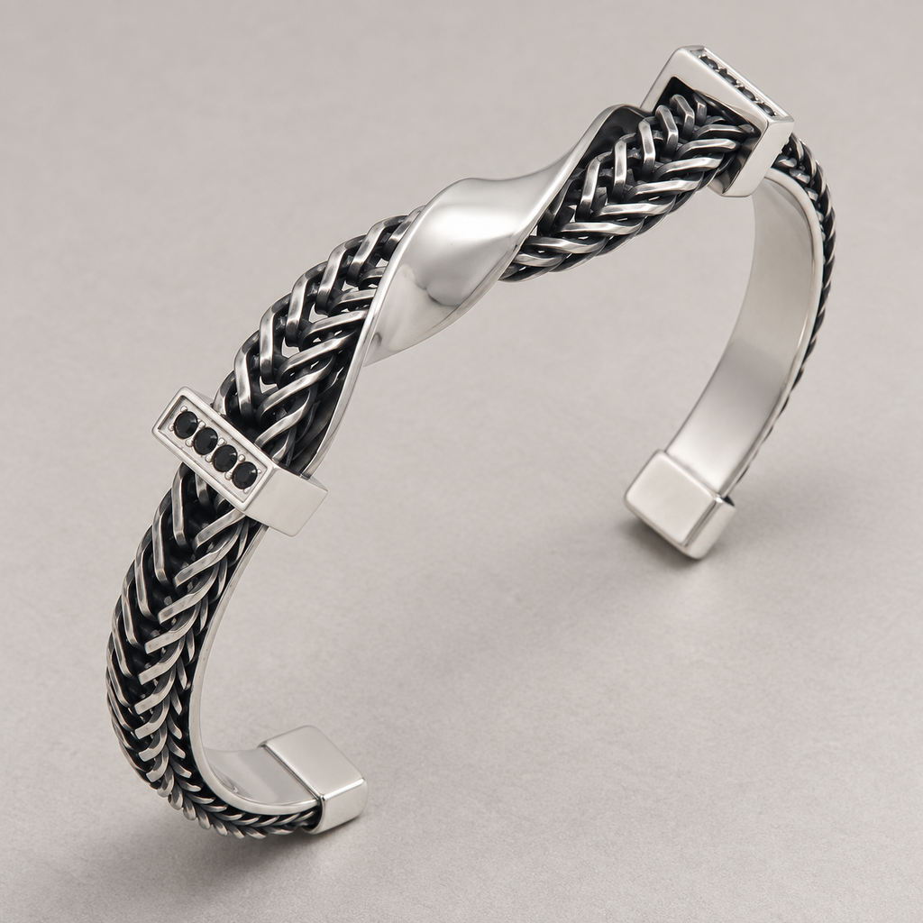 Nardo Woven Titanium Cuff — silver — studio