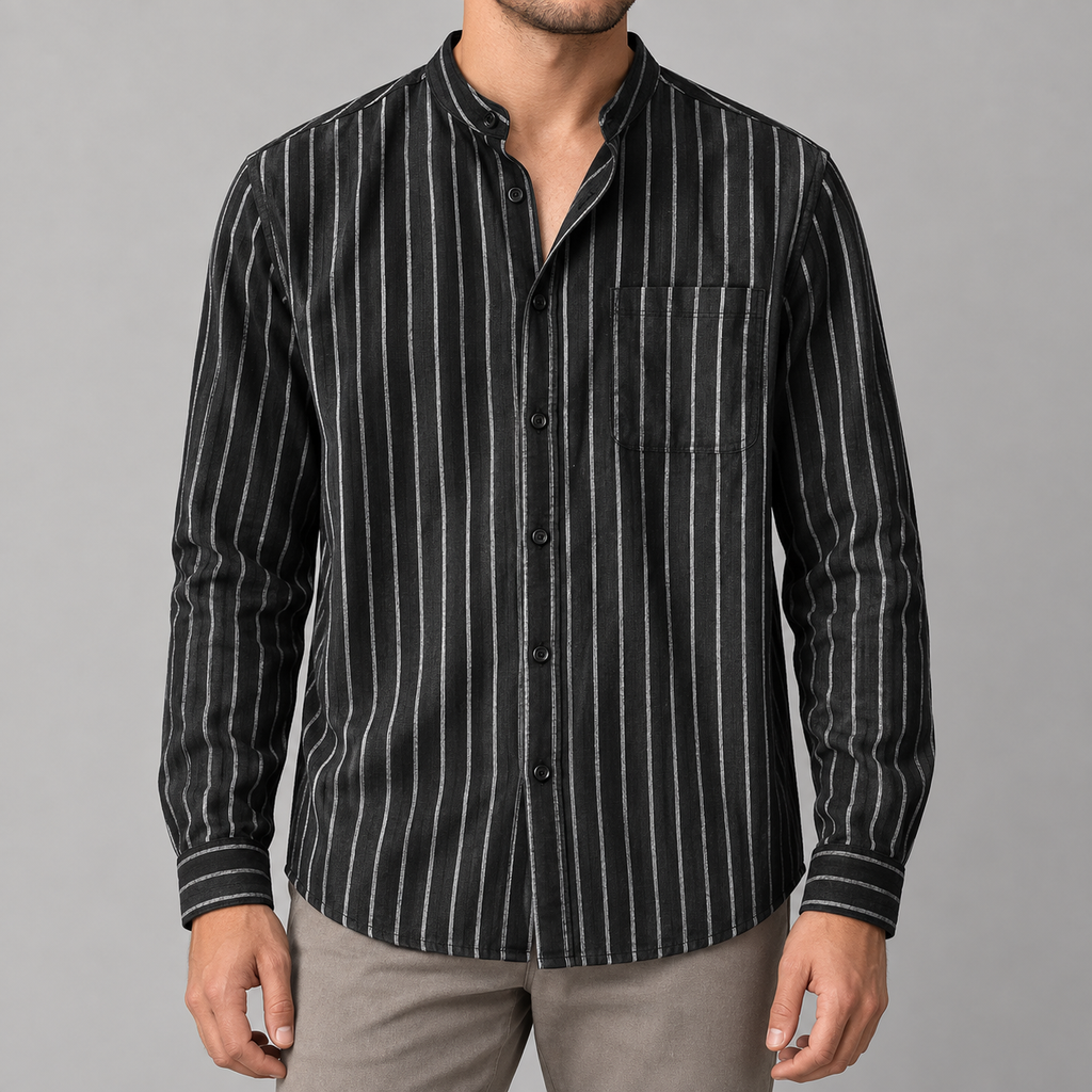 Salvatore Striped Cotton Shirt — Black — worn