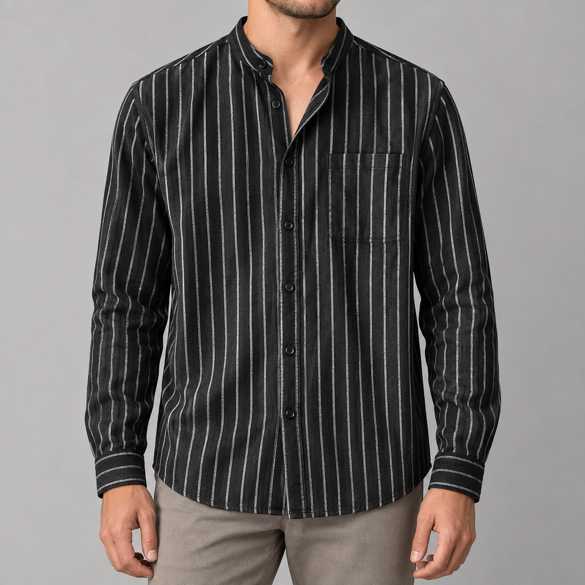 Salvatore Striped Cotton Shirt — Black — worn
