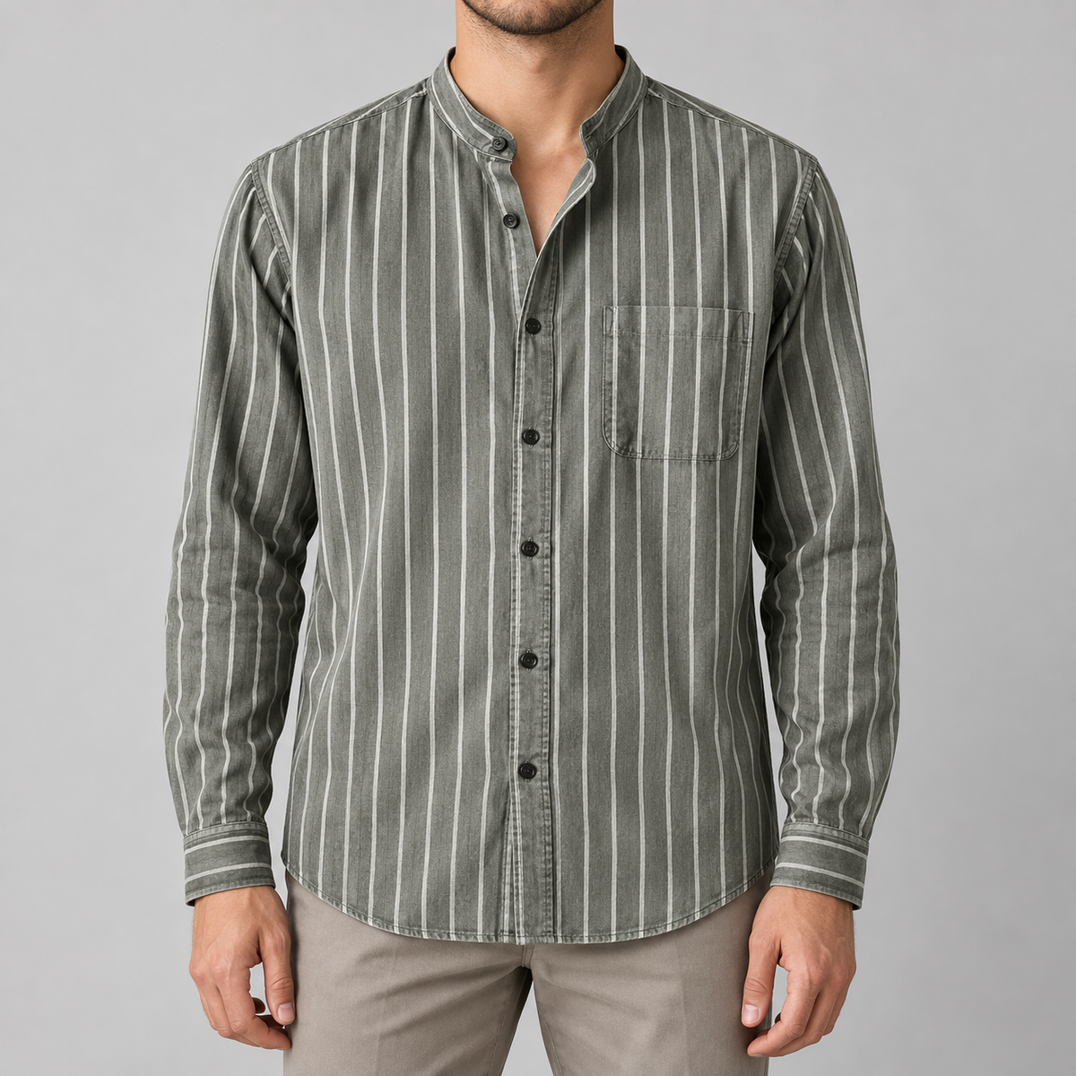 Salvatore Striped Cotton Shirt — Green — worn