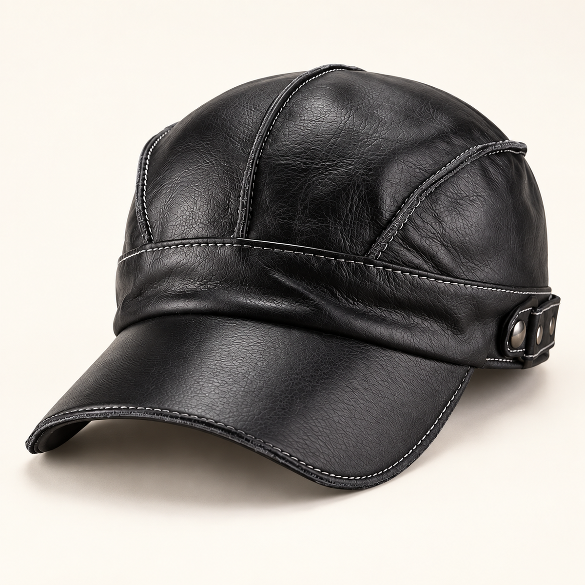 Enzo Aviator Leather Cap — Black — studio view