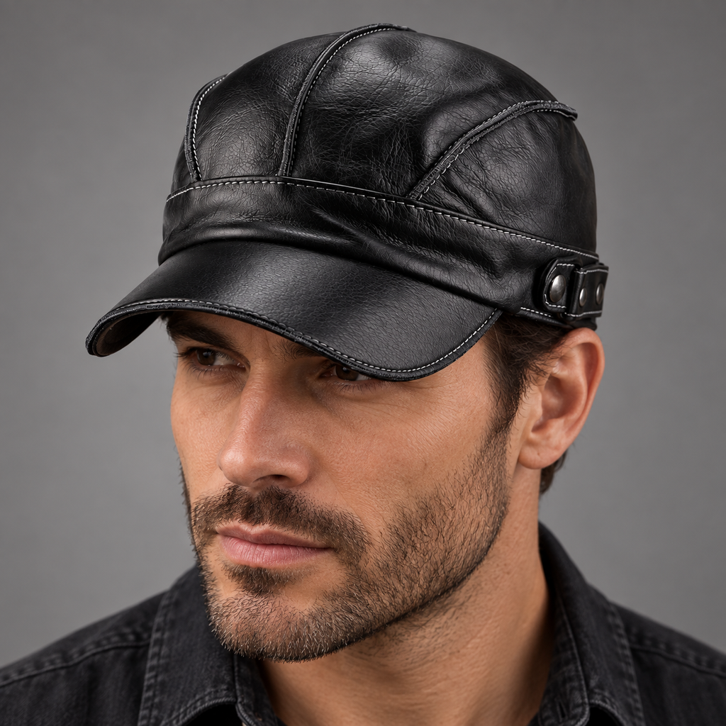 Enzo Aviator Leather Cap — Black — worn view