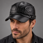 Enzo Aviator Leather Cap — Black — worn view