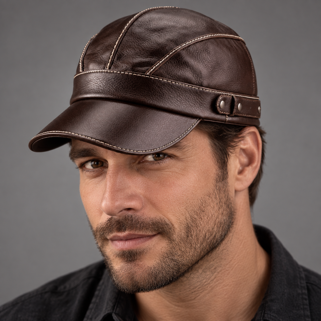 Enzo Aviator Leather Cap — Dark Brown — worn view