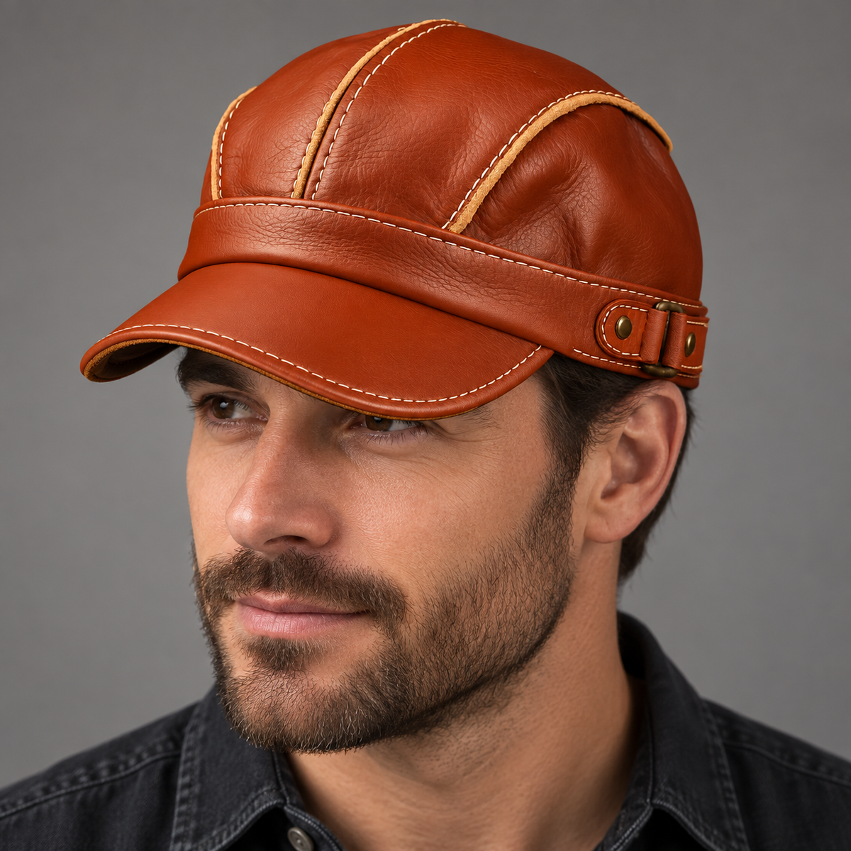 Enzo Aviator Leather Cap — Light Brown — worn view