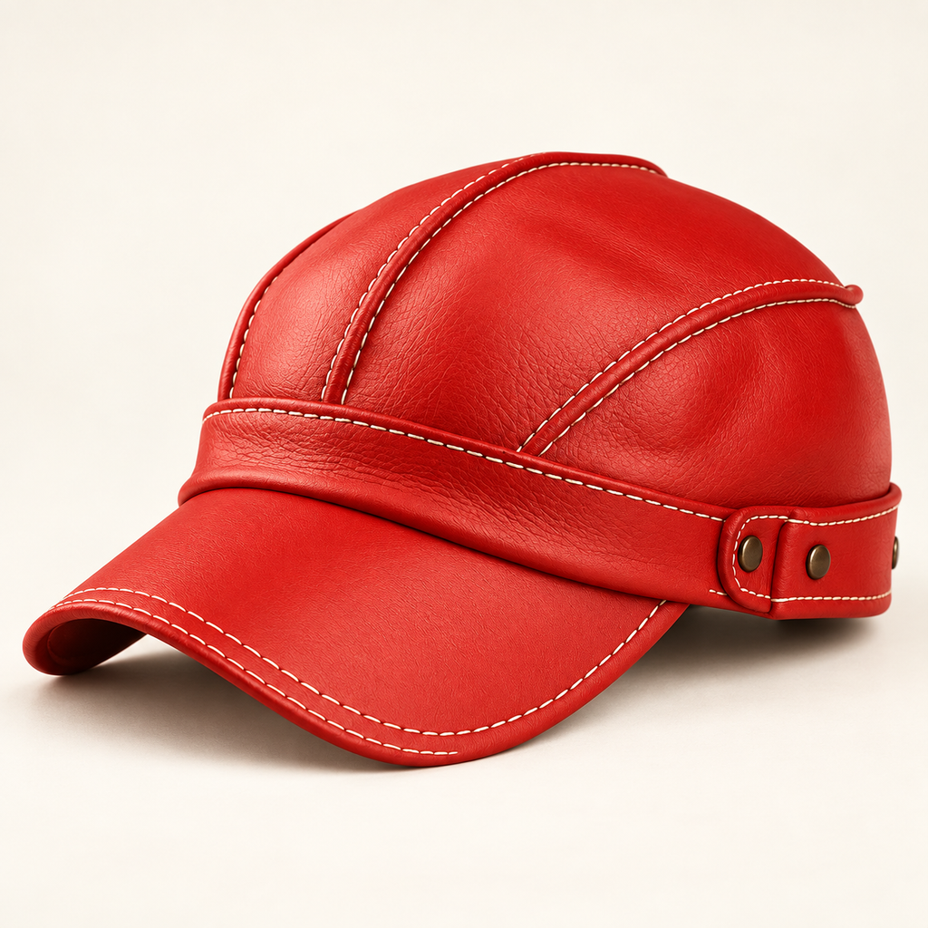 Enzo Aviator Leather Cap — Red — studio view