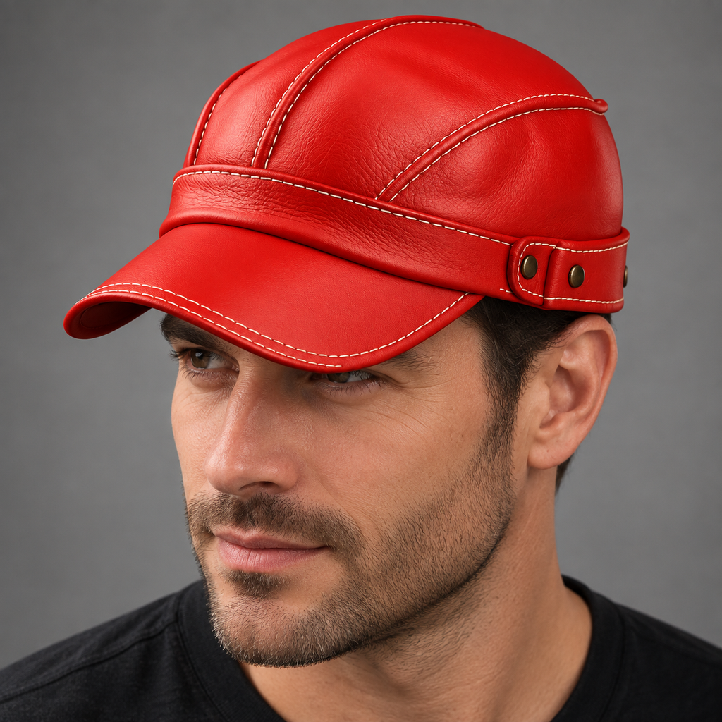 Enzo Aviator Leather Cap — Red — worn view