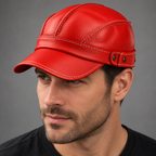 Enzo Aviator Leather Cap — Red — worn view