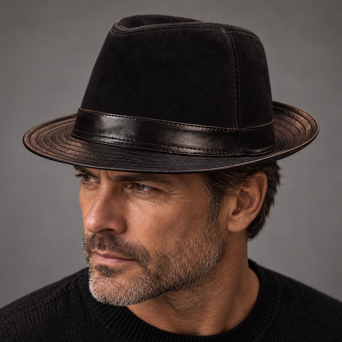 Rocco Two-Tone Leather Hat — Black — worn view