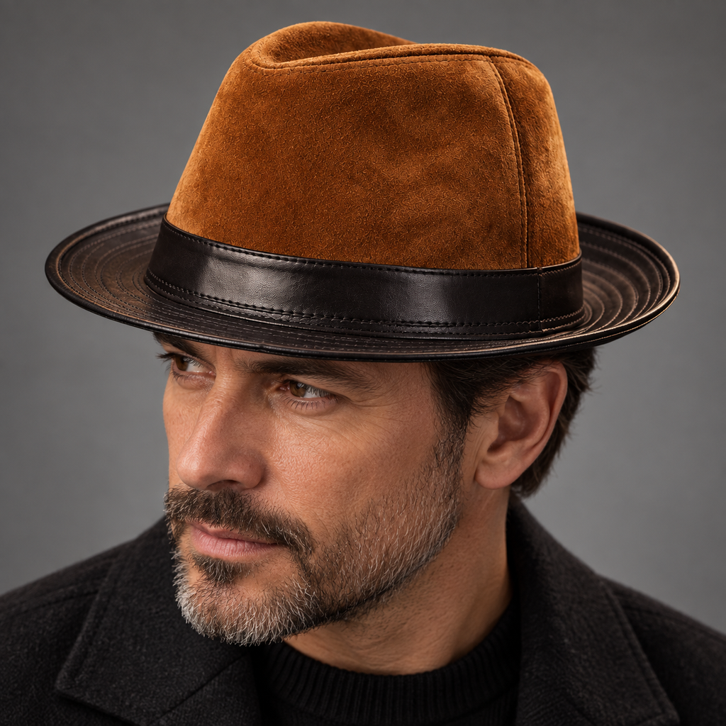 Rocco Two-Tone Leather Hat — Brown — worn view