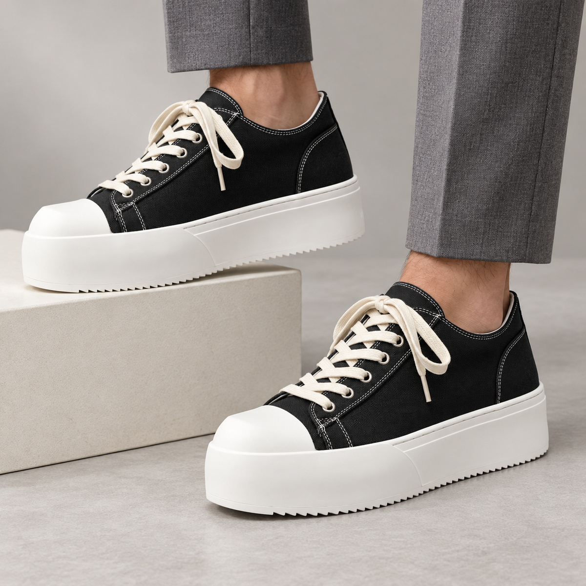 Torino Retro Leather Sneakers — White — worn view